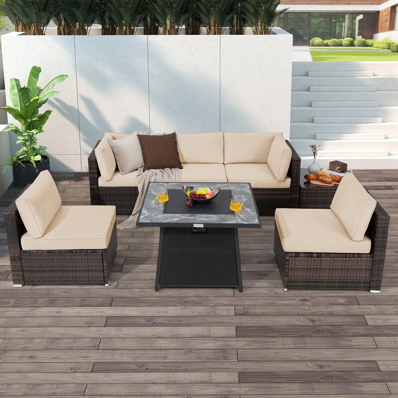 Mondawe Modular 7-Pcs Design PE Rattan Sofa Set,With 50K BTU Fire Pit & Detachable Cushions Chair