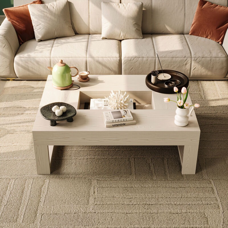 FUFU&GAGA Modern White Wood Coffee Table &ndash; Solid Wood, Spacious Tabletop with Built-in Storage, Sturdy Frame (47.2" W x 35.4" D x 15.8" H), White