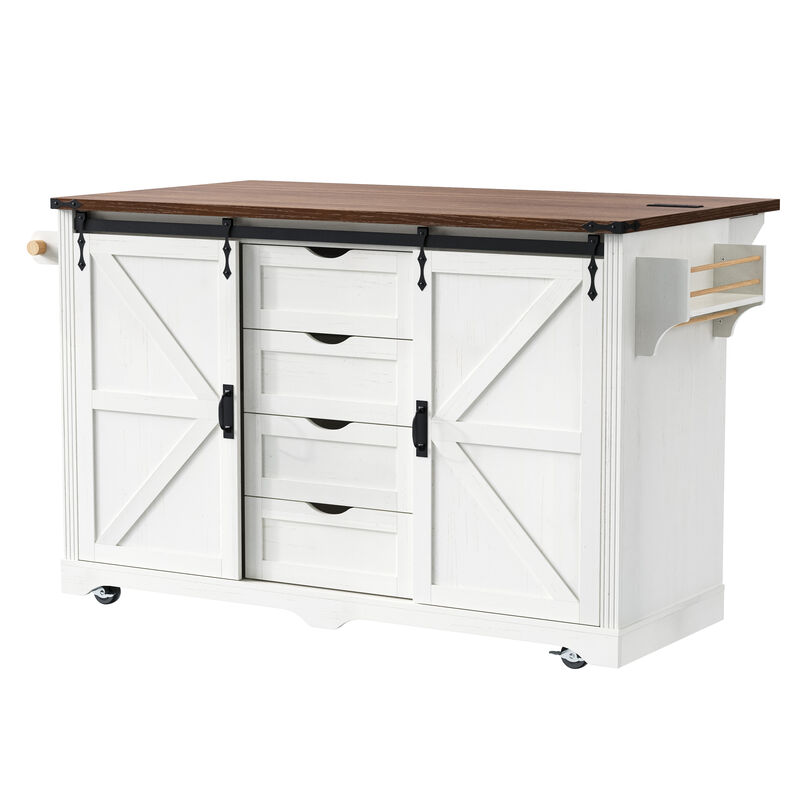 Merax Rolling Kitchen Island with Bar Cabinet, 2 Fridge Compartments, Sliding Barn Doors image number 0