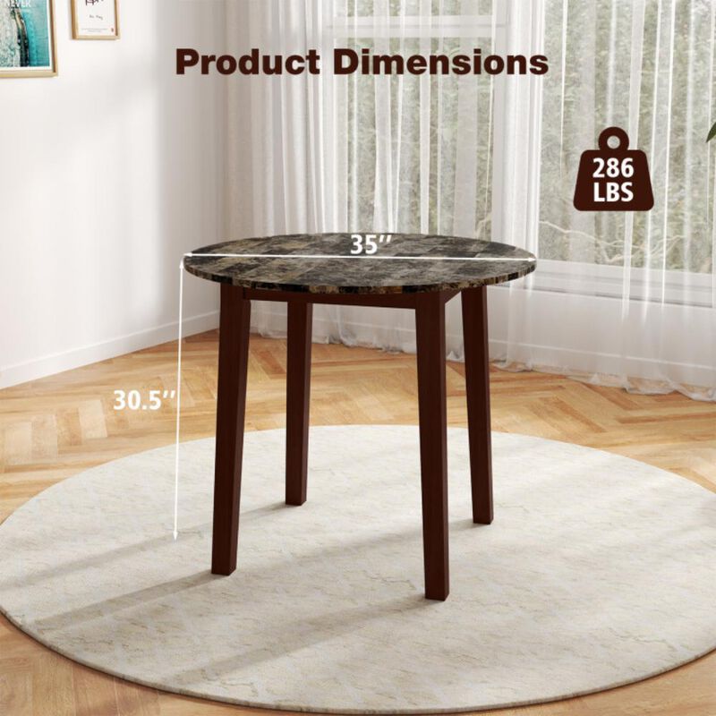 Hivvago 35 Inch Round Dining Table with Rubber Wood Legs and Marble-textured Veneer Tabletop