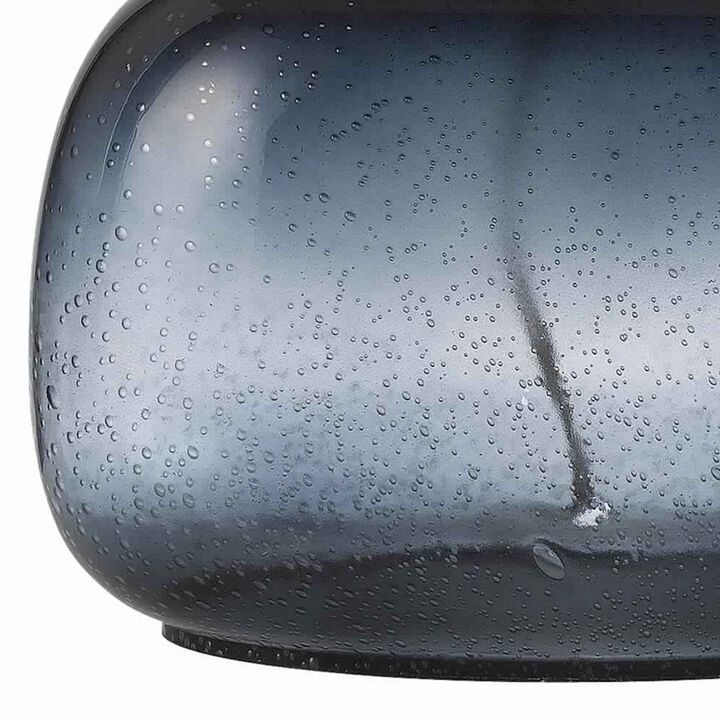 Glass Body Table Lamp with Drum Shade and Bubble Design, Blue and White - Benzara