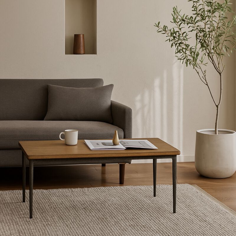 Lemy Coffee Table, 48 Inch Rectangular Brown Top, Black Metal Frame