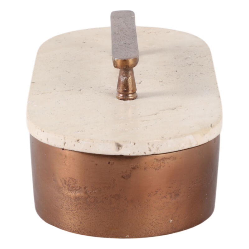 12x6" Travertine & Antique Brass Oval Box, Tan/bro image number 3