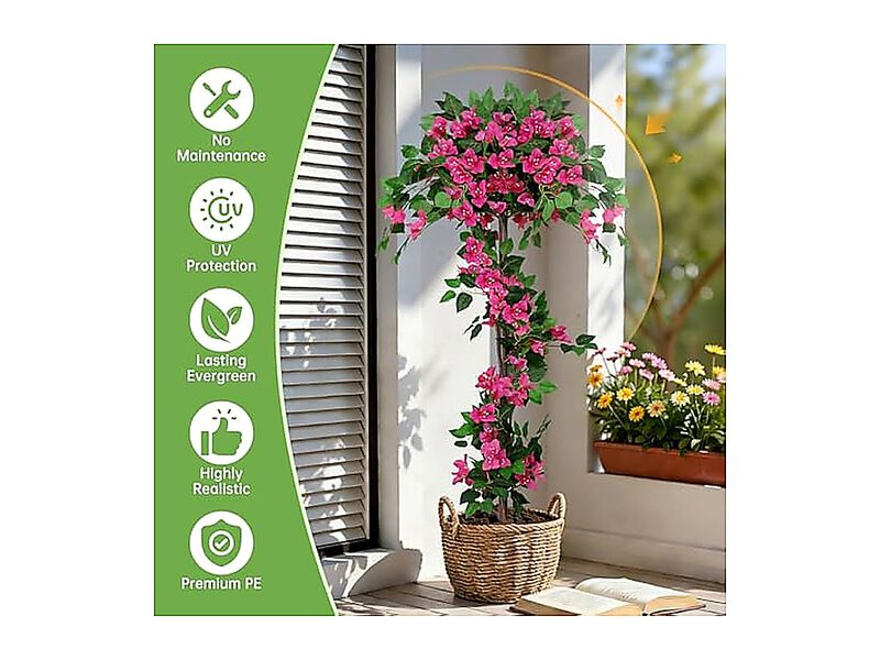 2Pack 5FT Artificial Bougainvillea Topiary Trees for Outdoor, Fake Silk Flowers Plants Bushes with Ground Spike image number 2