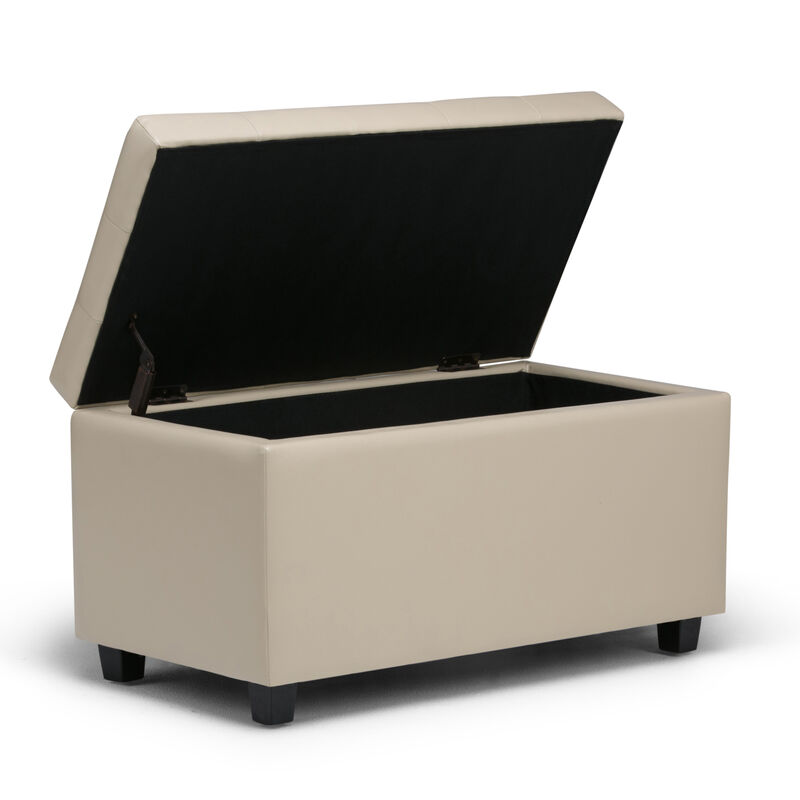 Cosmopolitan 34 inch Wide Transitional Rectangle Storage Ottoman in Satin Cream Vegan Faux Leather, Assembled