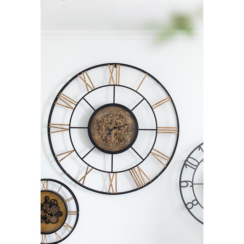 HomeRoots 56" Circle Copper Metal and Glass Analog Exposed Gear Wall Clock image number 3