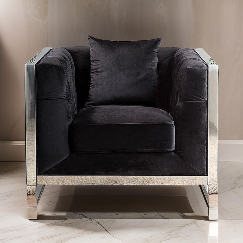Vade 39 Inch Accent Chair, Stainless Steel Frame, Tufted Black Flannelette