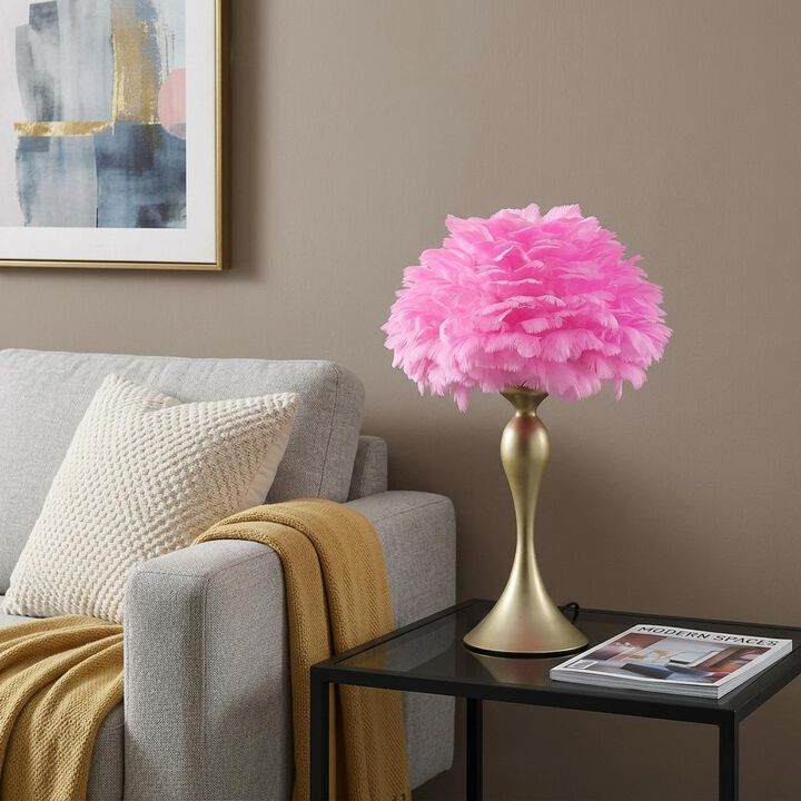 HomeRoots 24" Glam Hot Pink Feather and Gold Table Lamp
