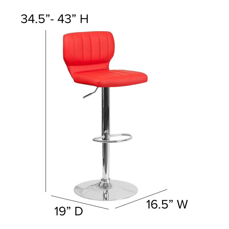 Flash Furniture Jeremy Contemporary Red Vinyl Adjustable Height Barstool with Vertical Stitch Back and Chrome Base