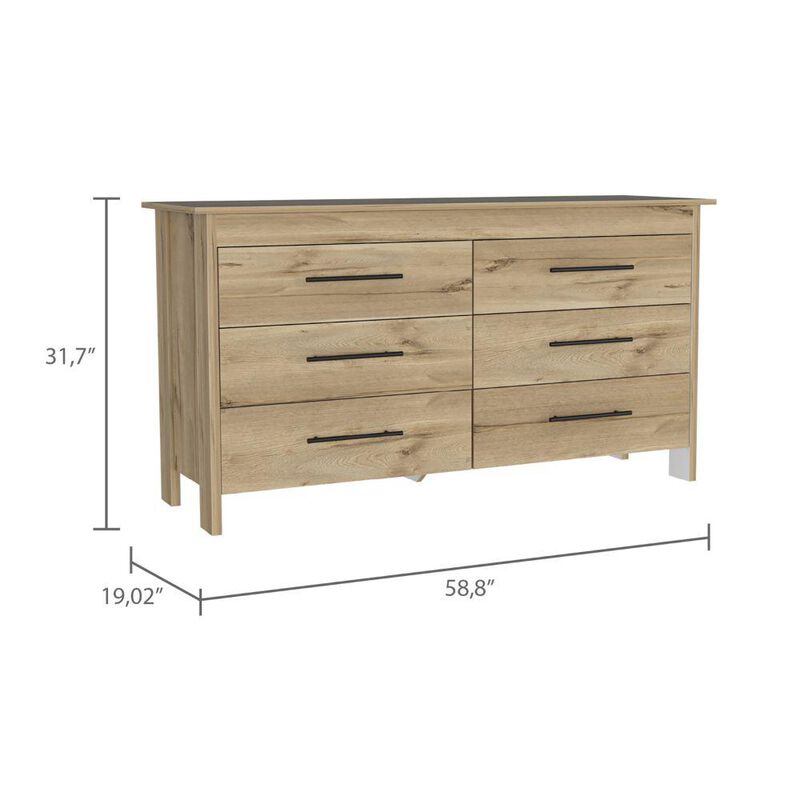 DEPOT E-SHOP Paris 6 Drawer Double Dresser -Six Drawers, Four Legs, Countertop-Light Oak/White. For Bedroom