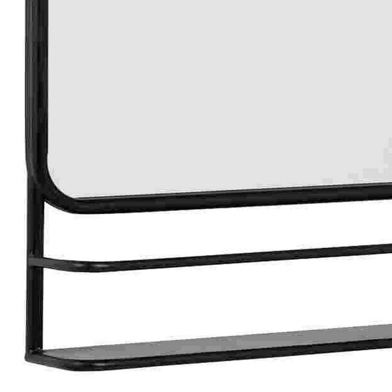 Accent Mirror with Metal Frame and Shelf, Black-Benzara