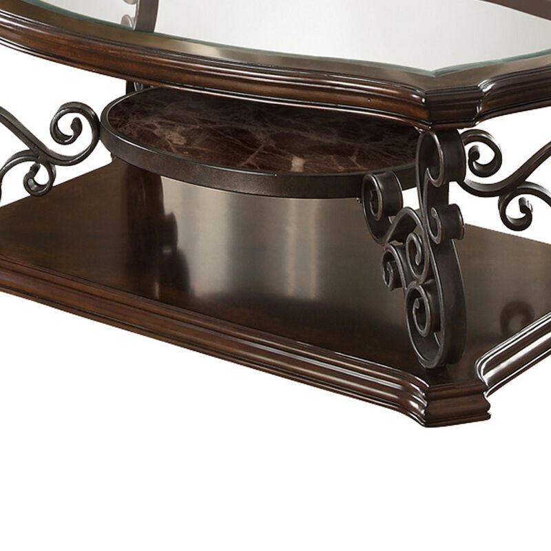 Tempered Glass Top Wooden Coffee Table with Ornate Metal Scrollwork, Brown-Benzara