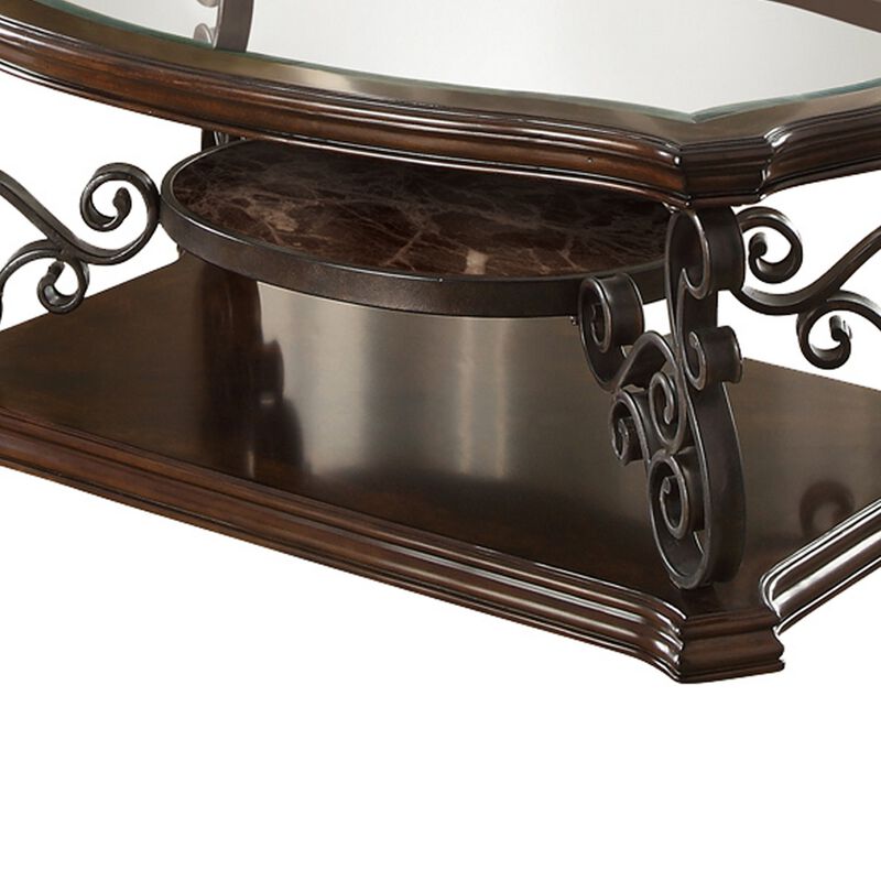 Tempered Glass Top Wooden Coffee Table with Ornate Metal Scrollwork, Brown