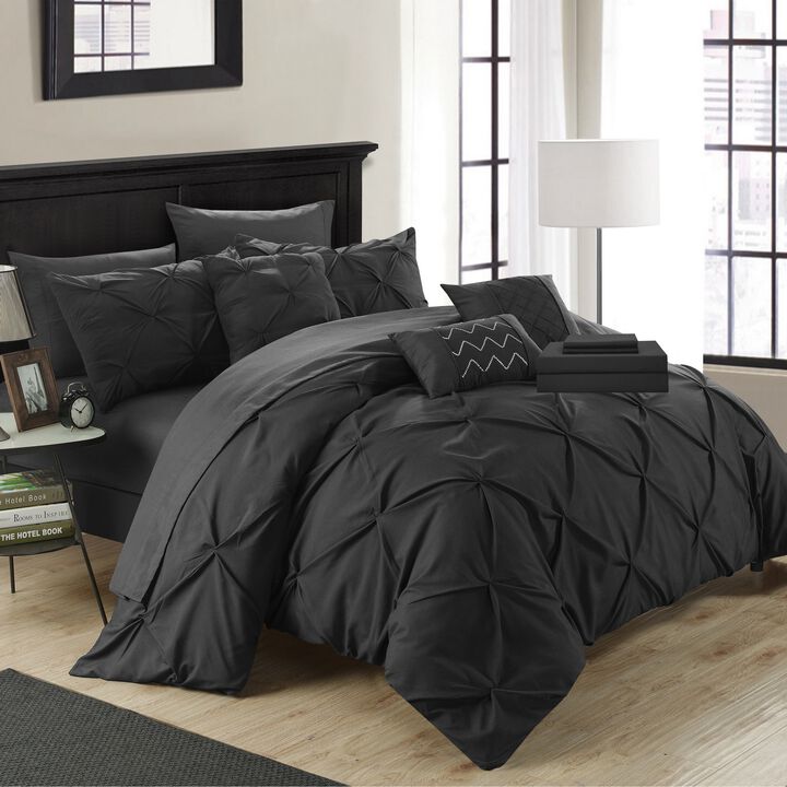 Chic Home Mycroft Pinch Pleated Ruffled Bed In A Bag Soft Microfiber Sheets 10 Pieces Comforter Decorative Pillows & Shams - Twin 66x90, Black