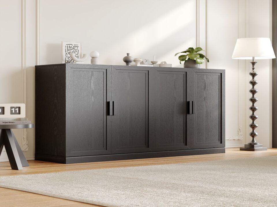 2-Piece Black Modern Minimalist Wood Grain Edge Cabinet, Multifunctional Storage with 3-Layer Shelves