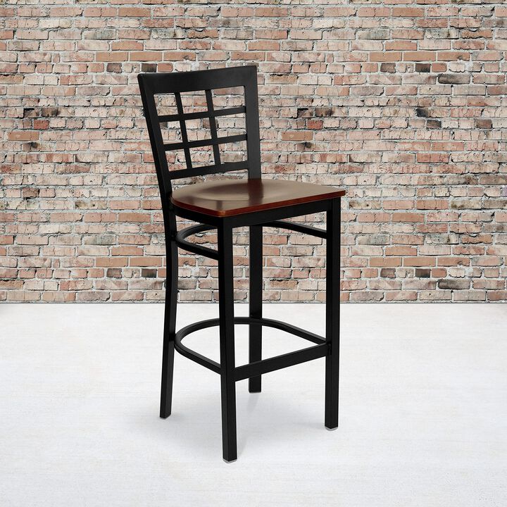 Flash Furniture HERCULES Series Black Window Back Metal Restaurant Barstool - Mahogany Wood Seat