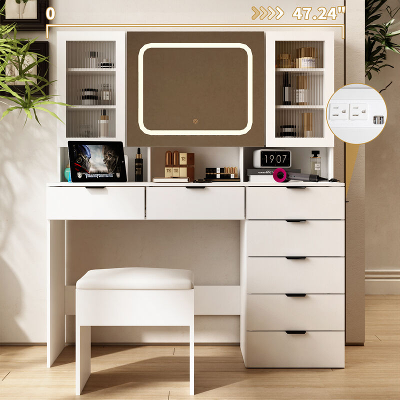 Large Vanity Table Set with LED Lighted Mirror &ndash; Elegant Makeup Desk with Ample Storage and Cushioned Stool