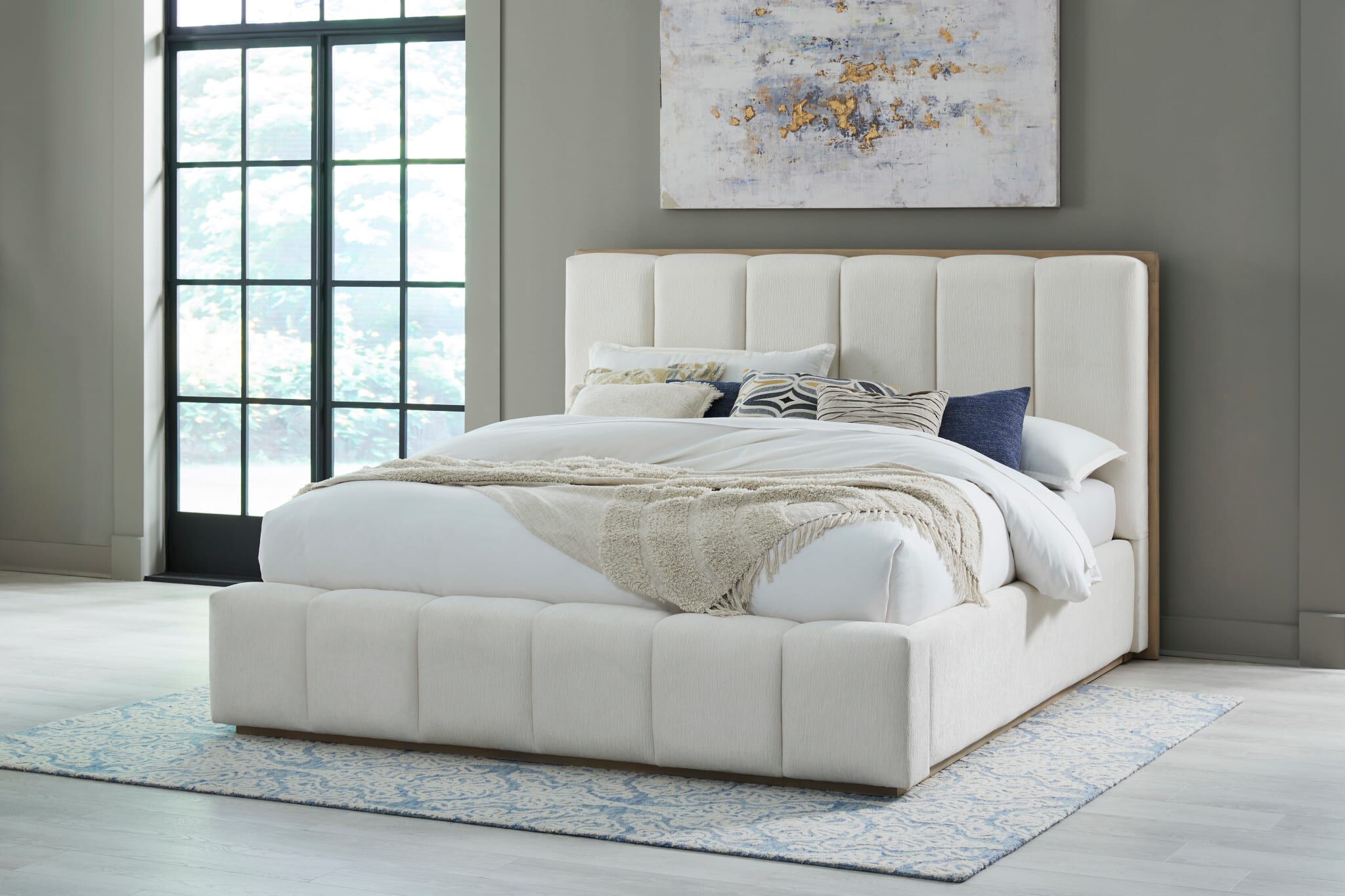 Gardenia Wood Frame Upholstered King-Size Platform Bed in Cotton