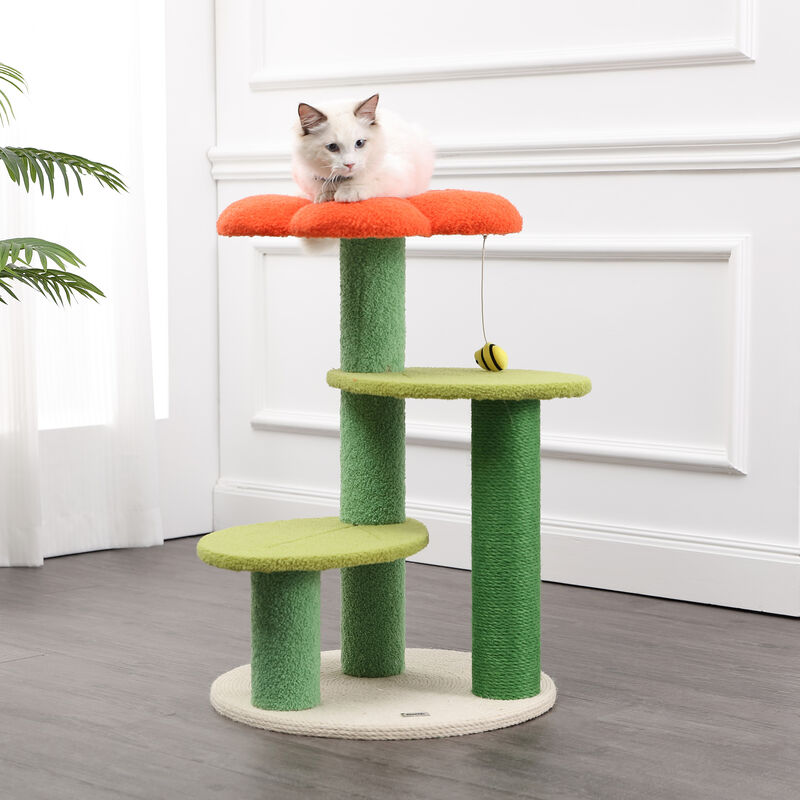 Poppy 3-Tier Modern Jute Flower Cat Tree with Dangling Toy