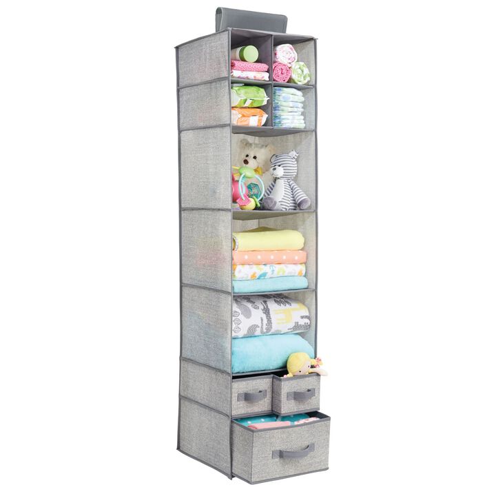 mDesign Fabric Nursery Hanging Organizer with 7 Shelves/3 Drawers - Pink/White