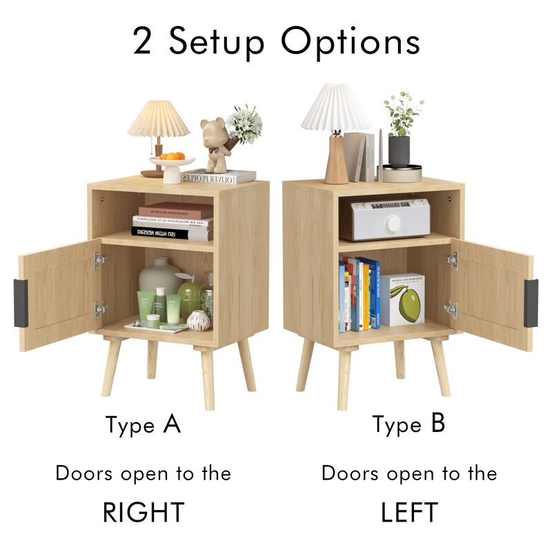 22.83" Assembled Rattan Nightstand with Door Open Shelf Solid Wood Legs image number 8