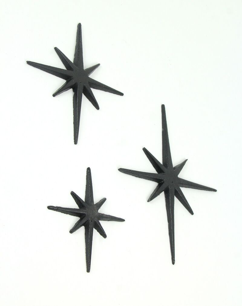 Set of 3 Black Cast Iron 8 Pointed Starburst Wall Hangings Mid Century Stars image number 2
