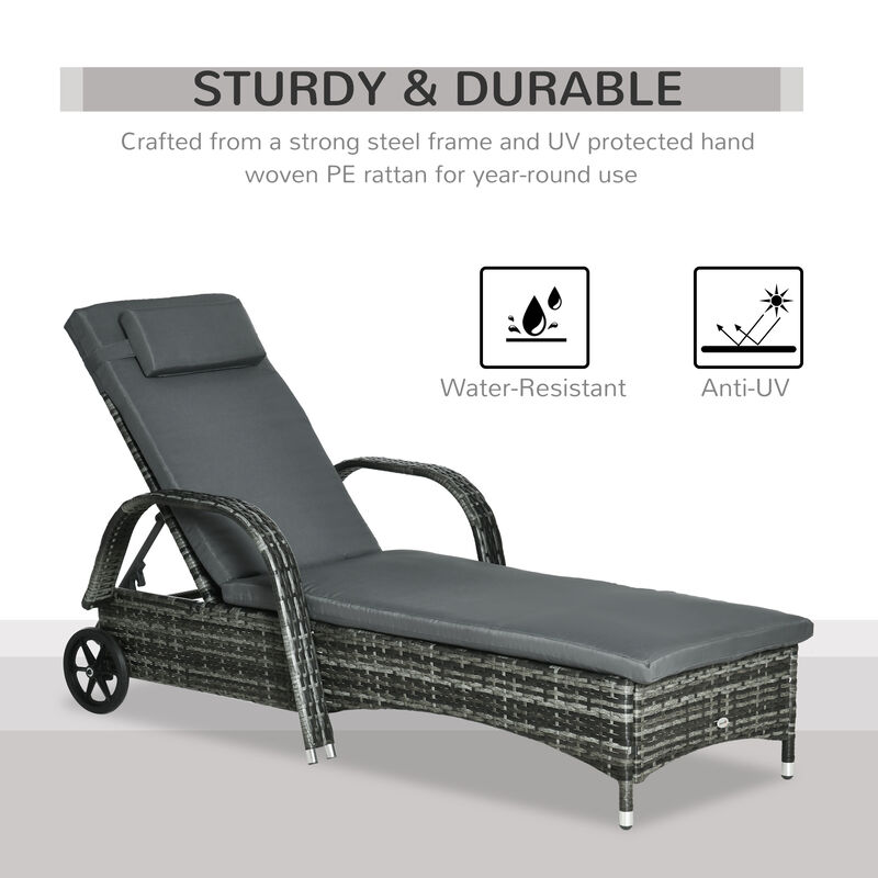 Outdoor PE Rattan Reclining Sun Lounger Set of 2 w/ Cushion, Wheels, Mixed Gray