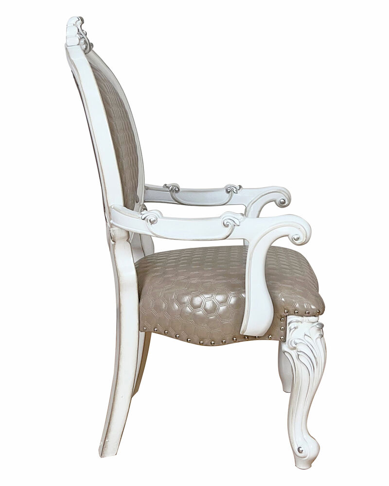 HomeRoots Set of Two Gray and White Upholstered Faux Leather And Solid Wood King Louis Back Dining Arm Chairs