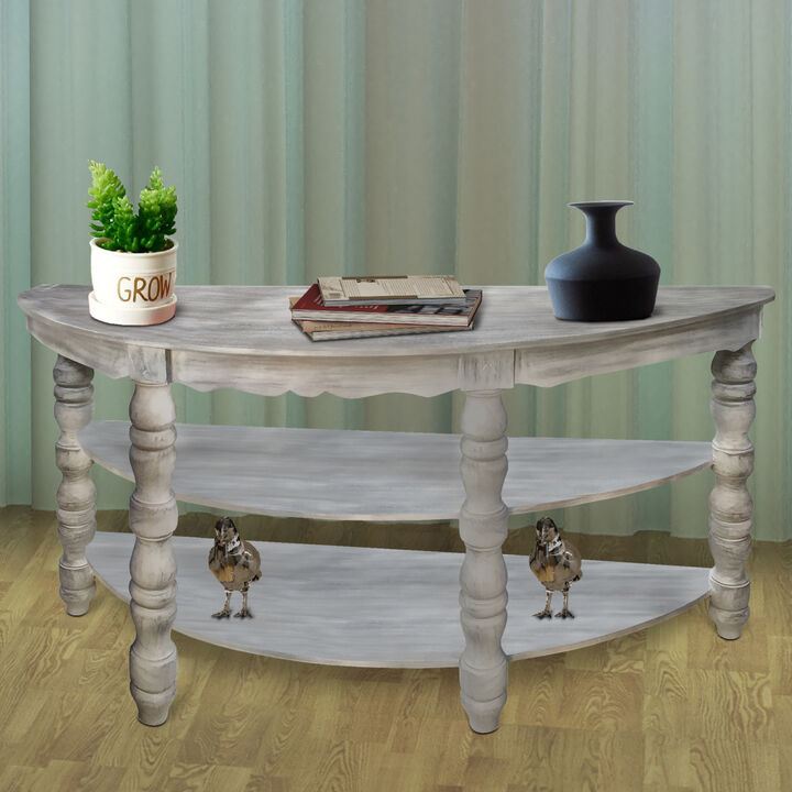Half moon Shaped Wooden Console Table with 2 Shelves and Turned Legs, Gray