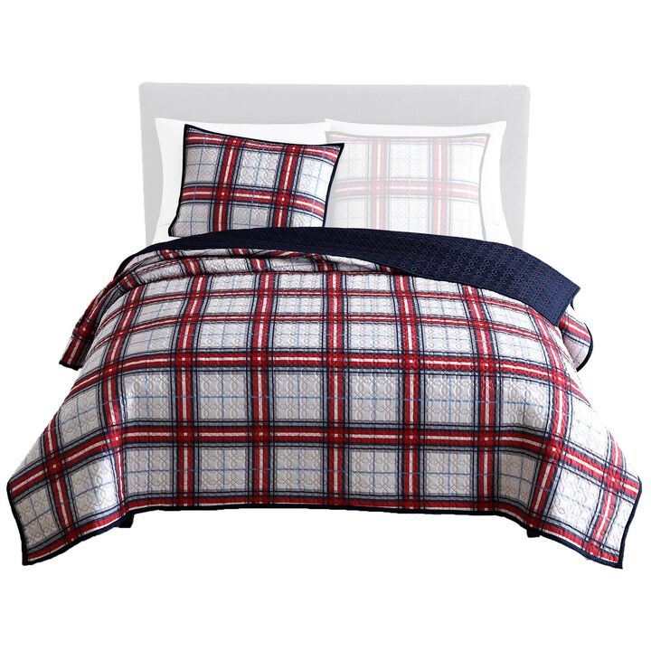 Ivy 2 Piece Twin Size Plaid Coverlet with Matching Sham, Red, White - Benzara