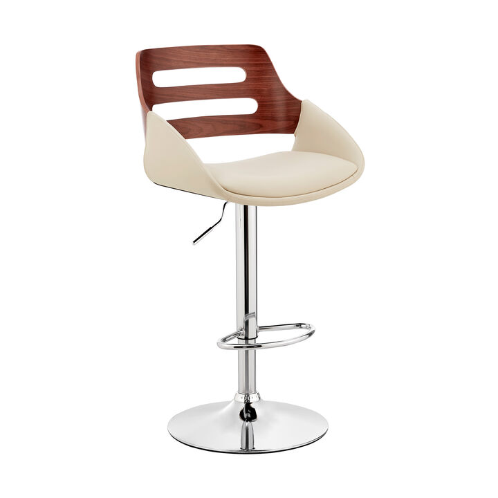 Faux Leather Adjustable Swivel Bar Stool, Walnut and Cream - Benzara