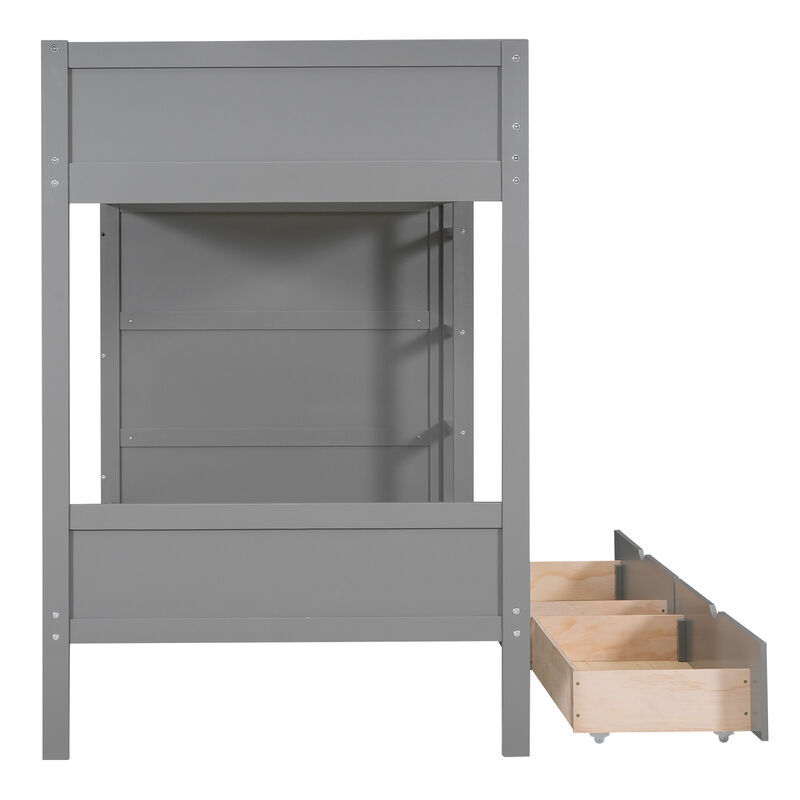 Whisen Twin over Twin Bunk Bed With 2 Drawers and Multi-layer Cabinet- Grey