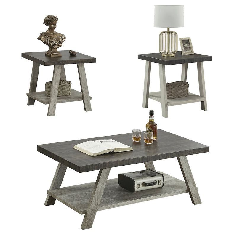 Roundhill Furniture Athens Contemporary 3Pc Wood Shelf Coffee Table Set in Weathered Walnut and Gray