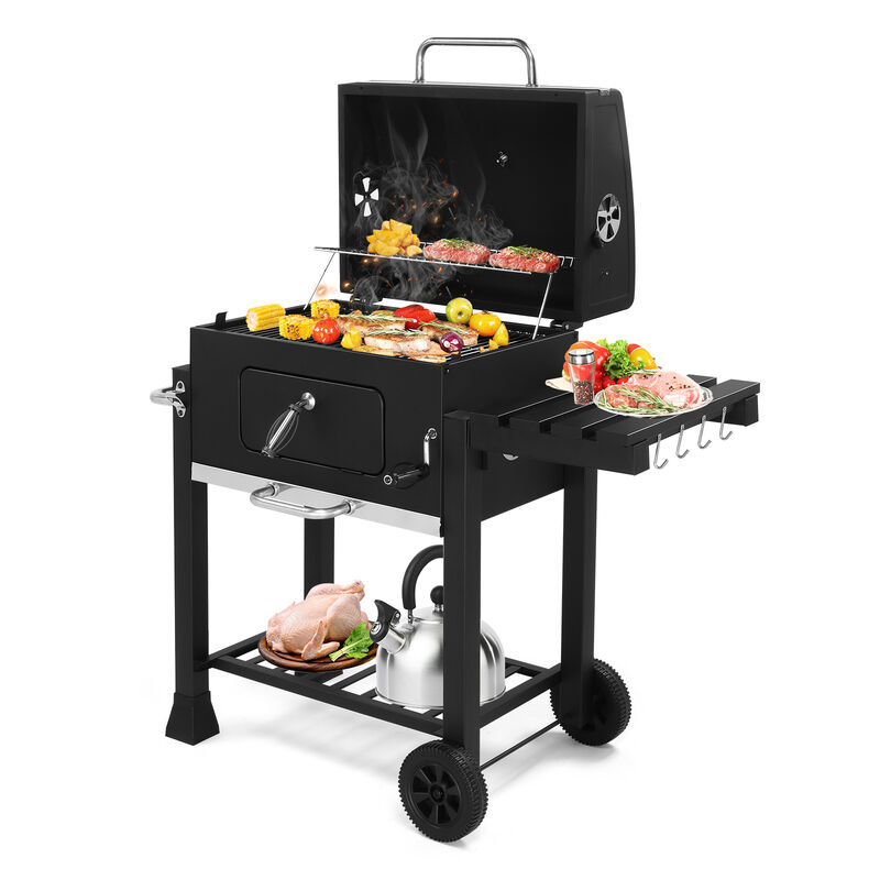 Charcoal Grill with Foldable Side Table and Wheels, Portable Outdoor BBQ Grill for Backyard Cooking
