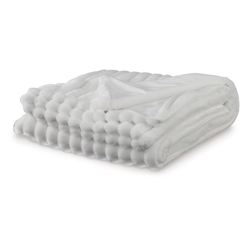 Visha Throw Blanket, Jacquard Faux Fur Stripes, Modern White Polyester - Benzara