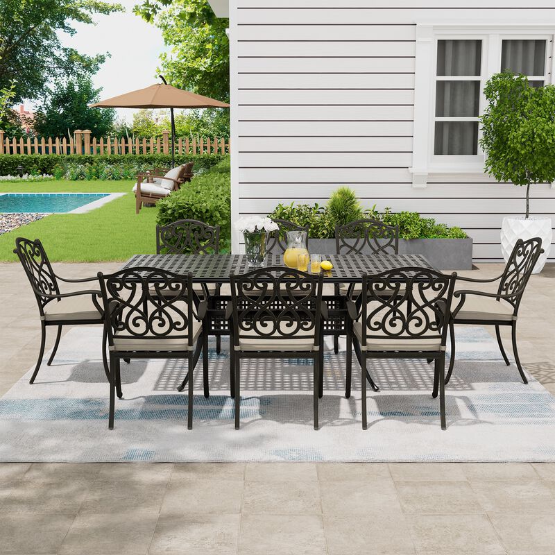 Mondawe 9 Piece Outdoor Dining Set Cast Aluminum with 1 Rectangle Expandable Table 8 Pieces Dining Chairs with Cushion Beige image number 2