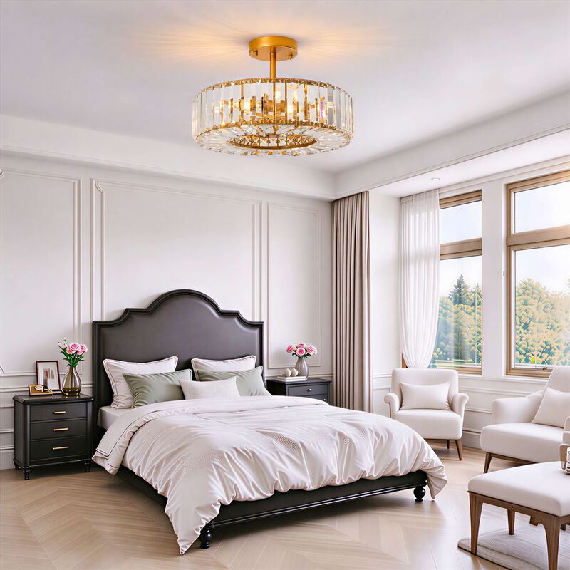 Sonia 15" 4- Light Clear Crystal Glass Round Drum Semi-Flush Mount - Low-gloss Warm Brass Finish image number 3