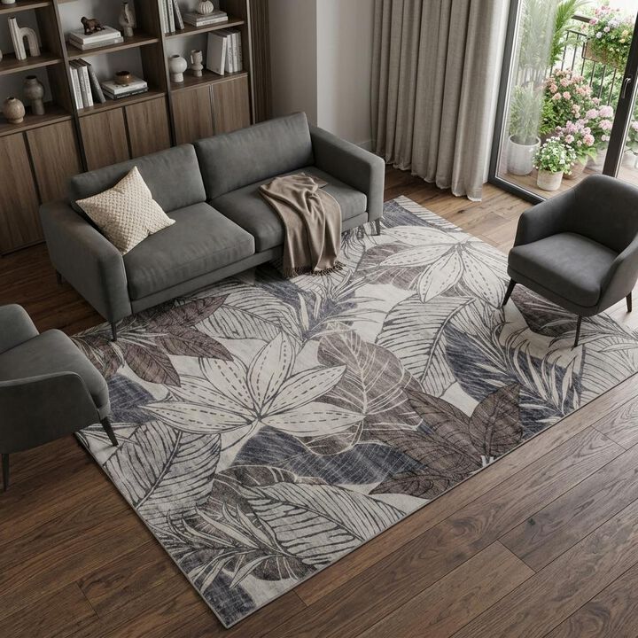 HomeRoots 8' X 11' Gray and Brown Floral Distressed Area Rug