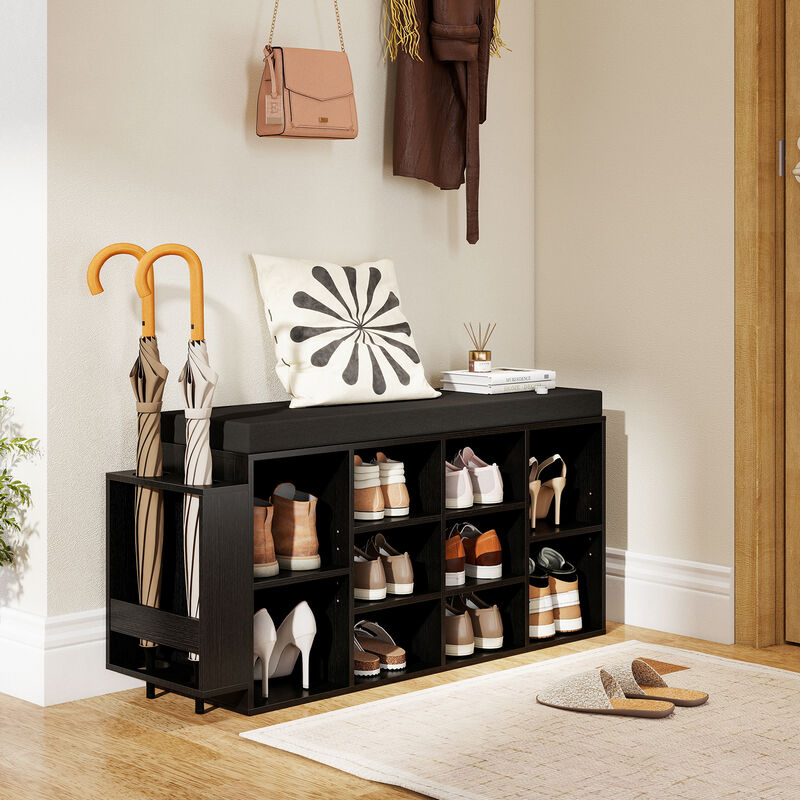 Moving Cubby Rack 10-Cubby Shoe Rack Organizer with Bench and Umbrella Stand for Entryway