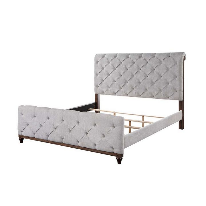 Kael Deep Tufted Queen Size Bed, Soft Light Gray Fabric Upholstered Frame - Benzara