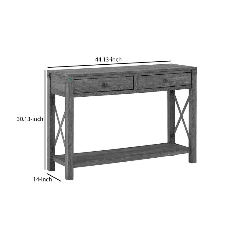 Sofa Table with X Metal Accent and 2 Drawers, Gray