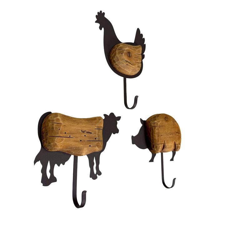 Farm Animal Wall Hooks Set Of 3 Wood Metal Farmhouse 7 In Brown Black
