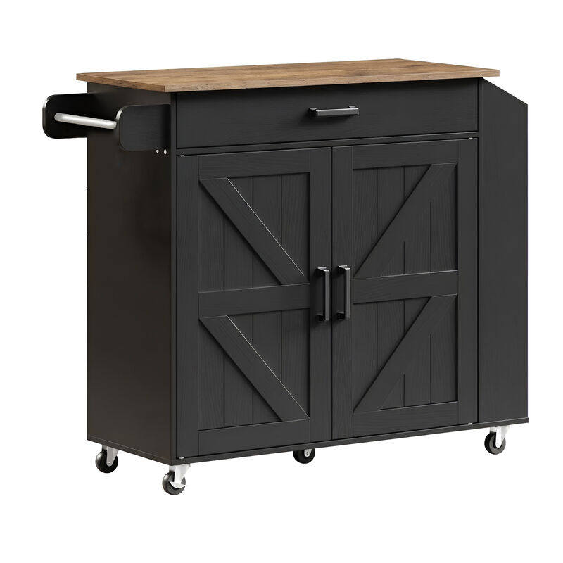 Rolling Kitchen Island with Drop Leaf Tabletop and Power Outlet Station- Black image number 0