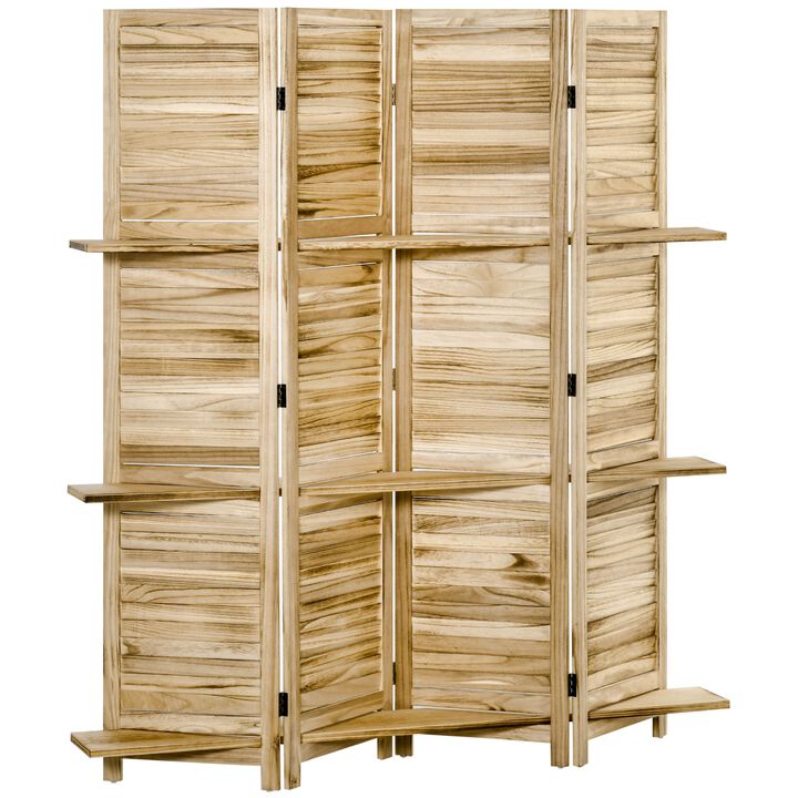 4 Panel Folding Room Divider, 5.5ft Freestanding Paulownia Wood Wall Divider Panel with Storage Shelves for Bedroom or Office, Natural Wood