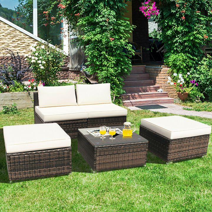 5 Pieces Patio Rattan Furniture Set with Cushioned Armless Sofa