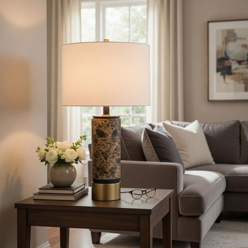 Table Lamp, White Drum Shade, Brass Base, Swirled Black Marble 22 Inch image number 8