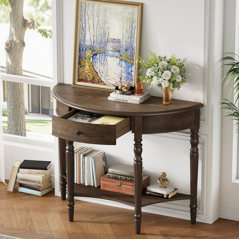Merax Space-Saving Half-Moon Entryway Table with Storage Drawer & Lower Shelf image number 2