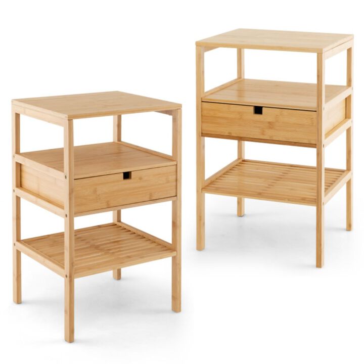 Hivvago Nightstand Set of 2 Bamboo End Table with 2 Open Shelves and Drawer