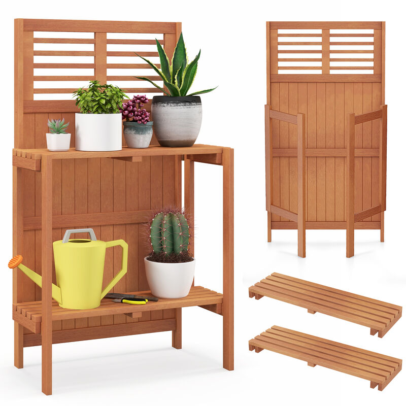 Folding Garden Potting Bench with 2-tier Storage Shelves and Teak Oil Finish for Garden Yard Balcony
