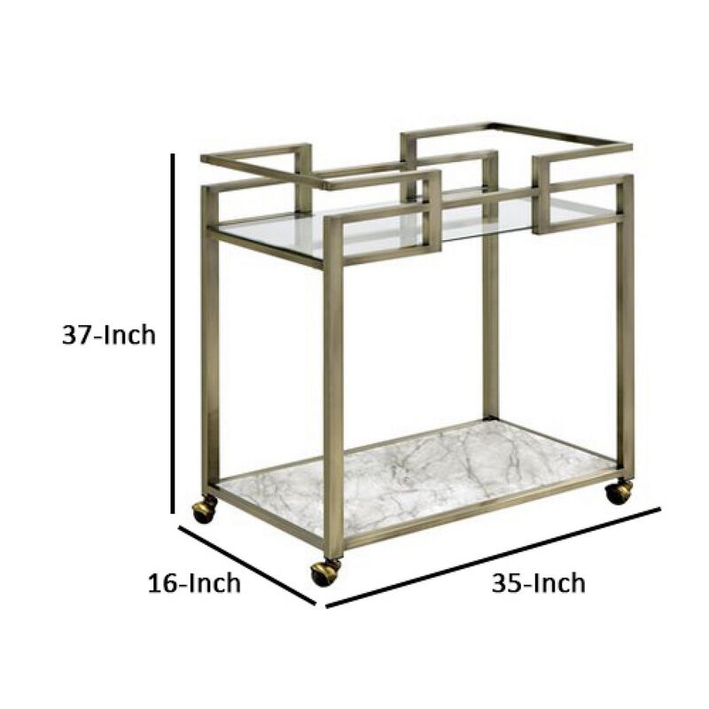 2 Tier Serving Cart with Faux Marble and Metal Frame, Silver-Benzara